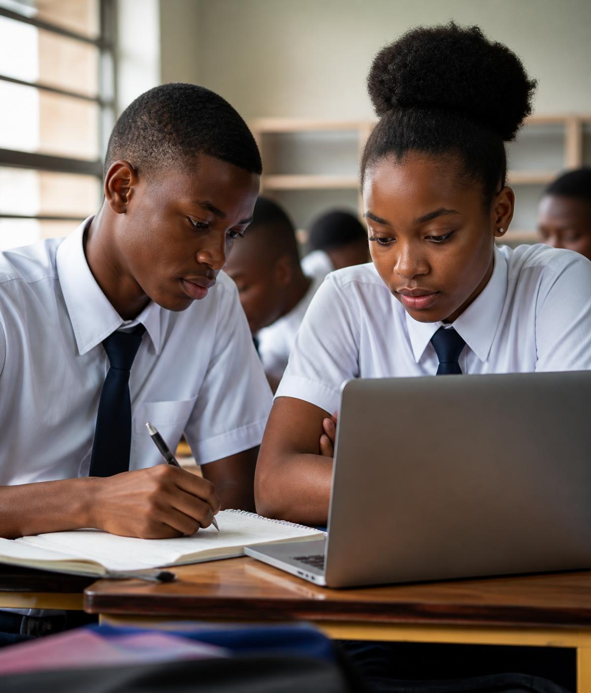 Two Nigerian secondary school students revising together with notes and a laptop